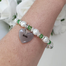 Load image into Gallery viewer, Handmade pearl and crystal Bride charm bracelet, white and grass green or custom color - Bride Bracelet - Bride Present - Bride Jewelry