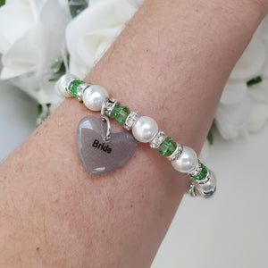 Handmade pearl and crystal Bride charm bracelet, white and grass green or custom color - Bride Bracelet - Bride Present - Bride Jewelry