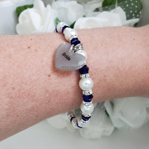 Handmade pearl and crystal Bride charm bracelet, white and deep blue or custom color - Bride Bracelet - Bride Present - Bride Jewelry