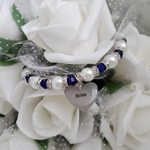 Handmade pearl and crystal Bride charm bracelet, white and deep blue or custom color - Bride Bracelet - Bride Present - Bride Jewelry