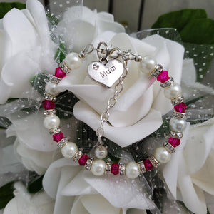 Handmade mum pearl and crystal charm bracelet, rose red (pink) and white or custom color - Mum Pearl Crystal Charm Bracelet - Mom Gift