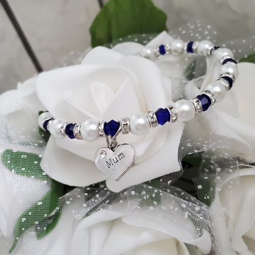 Handmade mum pearl and crystal charm bracelet, deep blue and white or custom color - Mum Pearl Crystal Charm Bracelet - Mom Gift