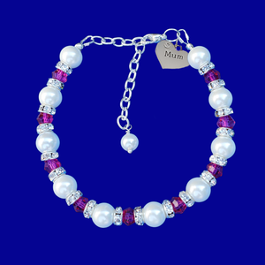Handmade mum pearl and crystal charm bracelet, white and pink or custom color - Mum Pearl Crystal Charm Bracelet - Mom Gift