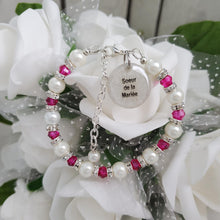 Load image into Gallery viewer, Handmade sister of the bride pearl and crystal charm bracelet - rose red or custom color - Sister of the Groom Bracelet - Wedding Bracelets