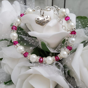 Handmade sister of the bride pearl and crystal charm bracelet - white and rose red (pink) or custom color - Sister of the Bride Bracelet-Sister Gift-Bridal Gifts