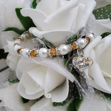 Load image into Gallery viewer, Handmade sister of the bride pearl and crystal charm bracelet - white and amber or custom color - Sister of the Bride Bracelet-Sister Gift-Bridal Gifts