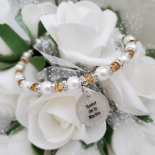 Load image into Gallery viewer, Handmade sister of the bride pearl and crystal charm bracelet - amber or custom color - Sister of the Groom Bracelet - Wedding Bracelets