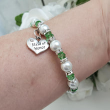 Load image into Gallery viewer, Handmade Maid of Honor pearl and swarovski crystal bracelet - grass green and white or custom color - Maid of Honor Pearl Bracelet - Wedding Party Gift