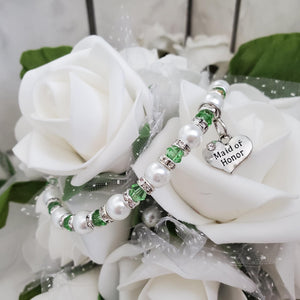 Handmade Maid of Honor pearl and swarovski crystal bracelet - grass green and white or custom color - Maid of Honor Pearl Bracelet - Wedding Party Gift