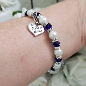 Handmade Maid of Honor pearl and swarovski crystal bracelet - deep blue and white or custom color - Maid of Honor Pearl Bracelet - Wedding Party Gift