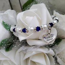 Load image into Gallery viewer, Handmade Maid of Honor pearl and swarovski crystal bracelet - deep blue and white or custom color - Maid of Honor Pearl Bracelet - Wedding Party Gift