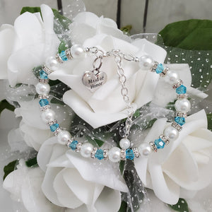 Handmade Maid of Honor pearl and swarovski crystal bracelet - lake blue and white or custom color - Maid of Honor Pearl Bracelet - Wedding Party Gift