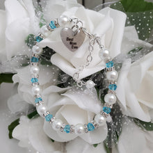 Load image into Gallery viewer, Handmade best mom ever pearl and crystal charm bracelet - lake blue or custom color - Special Mother Pearl Bracelet - Mother Bracelet