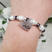 Load image into Gallery viewer, Handmade best mom ever pearl and crystal charm bracelet - purple or custom color - Special Mother Pearl Bracelet - Mother Bracelet