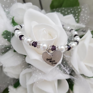 Handmade best mom ever pearl and crystal charm bracelet - purple or custom color - Special Mother Pearl Bracelet - Mother Bracelet