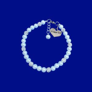 Flower Girl Gift - Flower Girl Pearl Bracelet - flower girl pearl and crystal charm bracelet, white or custom color