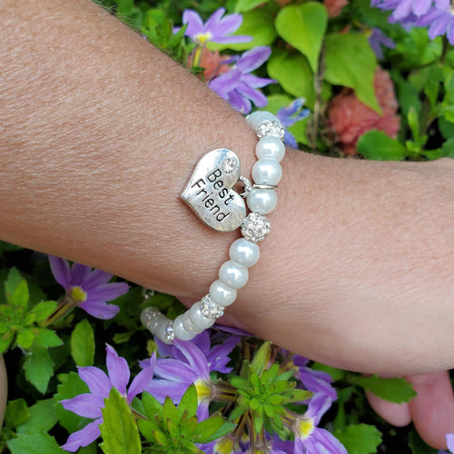 Handmade best friend pearl crystal charm bracelet, white or custom color - Best Friend Jewelry - Best Friend Gift - Bracelets