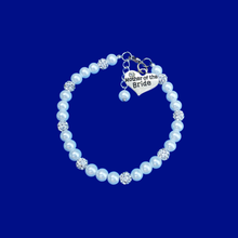 Load image into Gallery viewer, Handmade mother of the bride pearl and pave crystal charm bracelet, silver and white or silver and custom color - Bridal Bracelets - Mother of the Bride Bracelet
