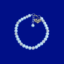 Load image into Gallery viewer, Handmade Sister of the Groom pearl and crystal charm bracelet. white or custom color - Sister of the Groom Bracelet - Bridal Jewelry