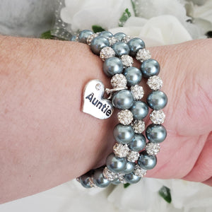 Handmade auntie pearl and pave crystal rhinestone expandable, multi-layer, wrap charm bracelet - grey and silver or custom color - New Aunt Gifts - Auntie Gift - Auntie Gift Ideas