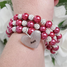 Load image into Gallery viewer, Handmade auntie pearl and pave crystal rhinestone expandable, multi-layer, wrap charm bracelet - dark pink and silver or custom color - New Aunt Gifts - Auntie Gift - Auntie Gift Ideas
