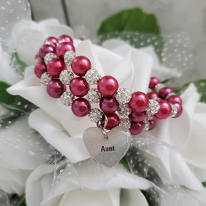 Handmade auntie pearl and pave crystal rhinestone expandable, multi-layer, wrap charm bracelet - dark pink and silver or custom color - New Aunt Gifts - Auntie Gift - Auntie Gift Ideas