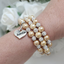 Load image into Gallery viewer, Handmade auntie pearl and pave crystal rhinestone expandable, multi-layer, wrap charm bracelet - champagne and silver or custom color - New Aunt Gifts - Auntie Gift - Auntie Gift Ideas