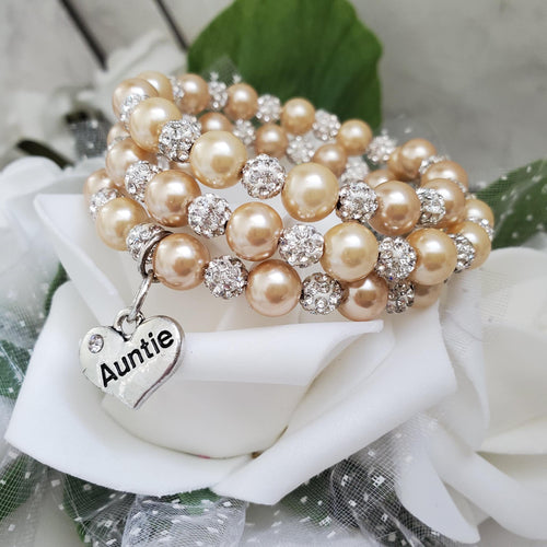 Handmade auntie pearl and pave crystal rhinestone expandable, multi-layer, wrap charm bracelet - champagne and silver or custom color - New Aunt Gifts - Auntie Gift - Auntie Gift Ideas