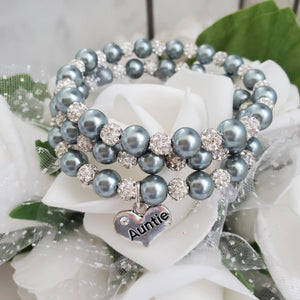 Handmade auntie pearl and pave crystal rhinestone expandable, multi-layer, wrap charm bracelet - grey and silver or custom color - New Aunt Gifts - Auntie Gift - Auntie Gift Ideas