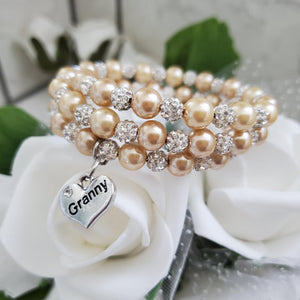 Handmade Granny pearl and pave crystal expandable, multi-layer, wrap charm bracelet, champagne and silver or silver and custom color - Granny Gift - Granny Present - Granny Birthday Gifts