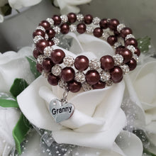 Load image into Gallery viewer, Handmade Granny pearl and pave crystal expandable, multi-layer, wrap charm bracelet, chocolate brown and silver or silver and custom color - Granny Gift - Granny Present - Granny Birthday Gifts