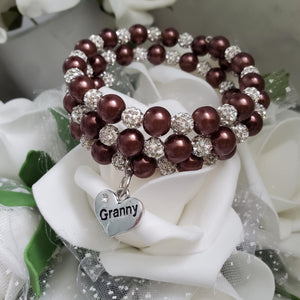 Handmade Granny pearl and pave crystal expandable, multi-layer, wrap charm bracelet, chocolate brown and silver or silver and custom color - Granny Gift - Granny Present - Granny Birthday Gifts