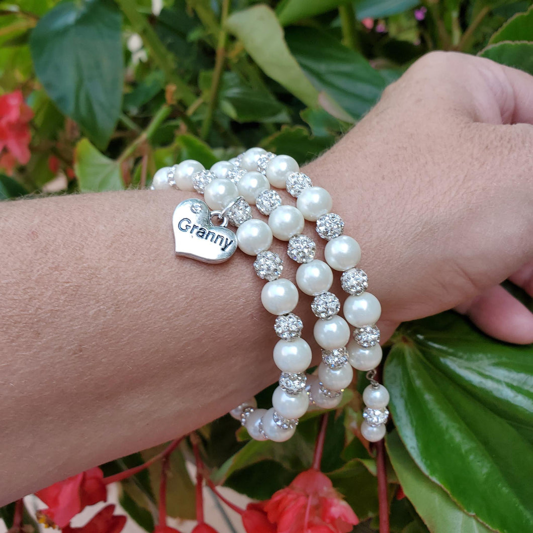 Handmade Granny pearl and pave crystal expandable, multi-layer, wrap charm bracelet, ivory and silver or silver and custom color - Granny Gift - Granny Present - Granny Birthday Gifts 