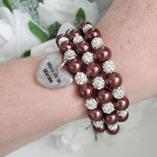 Load image into Gallery viewer, Handmade mother of the bride pearl and pave crystal rhinestone expandable, multi-layer, wrap charm bracelet - chocolate brown or custom color - Mother of the Bride Crystal Pearl Bracelet/Bridal Gift