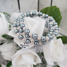 Load image into Gallery viewer, Handmade mother of the bride pearl and pave crystal rhinestone expandable, multi-layer, wrap charm bracelet - dark grey or custom color - Mother of the Bride Crystal Pearl Bracelet/Bridal Gift