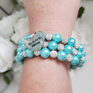 Handmade mother of the bride pearl and pave crystal rhinestone expandable, multi-layer, wrap charm bracelet - aquamarine blue or custom color - Mother of the Bride Crystal Pearl Bracelet/Bridal Gift