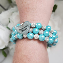 Load image into Gallery viewer, Handmade Mother of the Groom pearl and pave crystal rhinestone expandable, multi-layer, wrap charm bracelet - aquamarine blue or custom color - Mother of the Groom Bracelet - Bridal Party Gifts