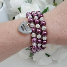 Load image into Gallery viewer, Handmade mother of the bride pearl and pave crystal rhinestone expandable, multi-layer, wrap charm bracelet - burgundy red or custom color - Mother of the Bride Crystal Pearl Bracelet/Bridal Gift