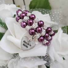 Load image into Gallery viewer, Handmade Mother of the Groom pearl and pave crystal rhinestone expandable, multi-layer, wrap charm bracelet - burgundy red or custom color - Mother of the Groom Bracelet - Bridal Party Gifts