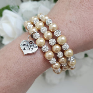 Handmade mother of the bride pearl and pave crystal rhinestone expandable, multi-layer, wrap charm bracelet - champagne or custom color - Mother of the Bride Crystal Pearl Bracelet/Bridal Gift