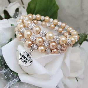 Handmade Mother of the Groom pearl and pave crystal rhinestone expandable, multi-layer, wrap charm bracelet - champagne or custom color - Mother of the Groom Bracelet - Bridal Party Gifts