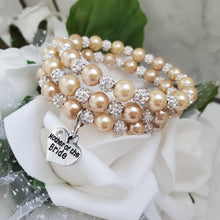 Load image into Gallery viewer, Handmade mother of the bride pearl and pave crystal rhinestone expandable, multi-layer, wrap charm bracelet - champagne or custom color - Mother of the Bride Crystal Pearl Bracelet/Bridal Gift