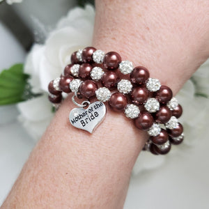 Handmade mother of the bride pearl and pave crystal rhinestone expandable, multi-layer, wrap charm bracelet - chocolate brown or custom color - Mother of the Bride Crystal Pearl Bracelet/Bridal Gift