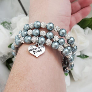 Handmade Mother of the Groom pearl and pave crystal rhinestone expandable, multi-layer, wrap charm bracelet - dark grey or custom color - Mother of the Groom Bracelet - Bridal Party Gifts