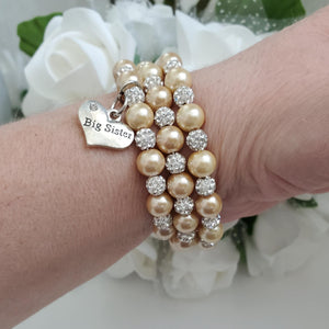 Handmade big sister pearl and pave crystal rhinestone expandable, multi-layer, wrap charm bracelet - champagne or custom color - Sister Pearl Bracelet - Sister Bracelet - Sister Gift