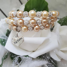Load image into Gallery viewer, Handmade big sister pearl and pave crystal rhinestone expandable, multi-layer, wrap charm bracelet - champagne or custom color - Sister Pearl Bracelet - Sister Bracelet - Sister Gift