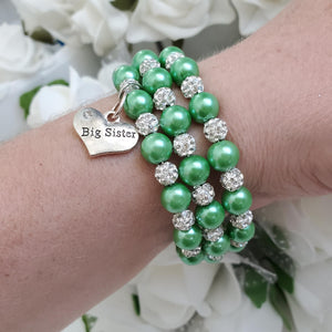 Handmade big sister pearl and pave crystal rhinestone expandable, multi-layer, wrap charm bracelet - green or custom color - Sister Pearl Bracelet - Sister Bracelet - Sister Gift