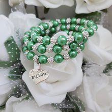 Load image into Gallery viewer, Handmade big sister pearl and pave crystal rhinestone expandable, multi-layer, wrap charm bracelet - green or custom color - Sister Pearl Bracelet - Sister Bracelet - Sister Gift