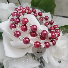 Load image into Gallery viewer, Handmade Nana pearl and pave crystal rhinestone expandable, multi-layer, wrap charm bracelet - dark pink or custom color - Nana Pearl Bracelet - Nana Wrap Bracelet - Nana Gift