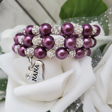 Load image into Gallery viewer, Handmade Nana pearl and pave crystal rhinestone expandable, multi-layer, wrap charm bracelet - burgundy red or custom color - Nana Pearl Bracelet - Nana Wrap Bracelet - Nana Gift